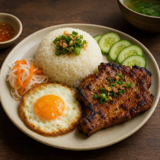 Grilled pork chop over broken rice