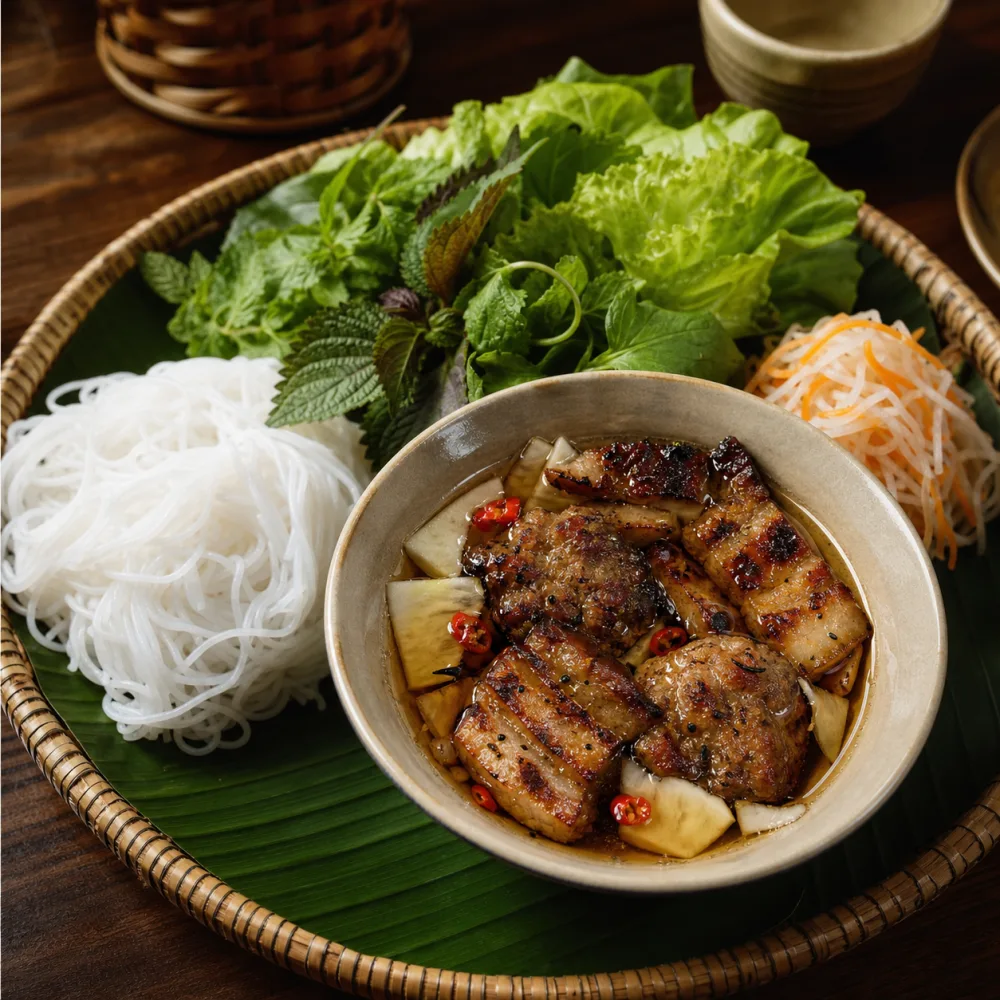 Charcoal-grilled pork belly on vermicelli