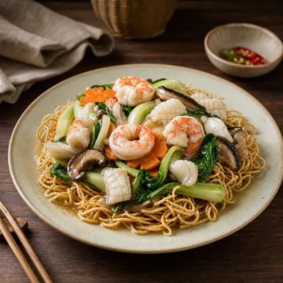 Crispy egg noodles with seafood