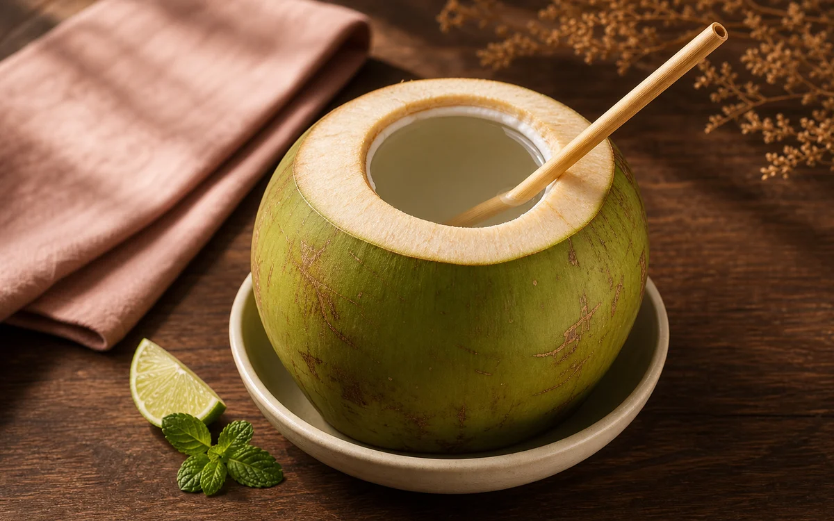 Fresh young coconut water served in the coconut