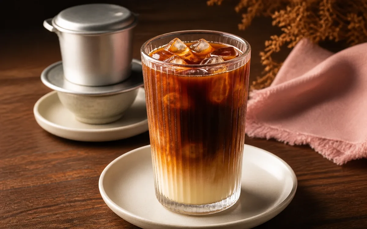 Vietnamese iced coffee with condensed milk and a phin filter