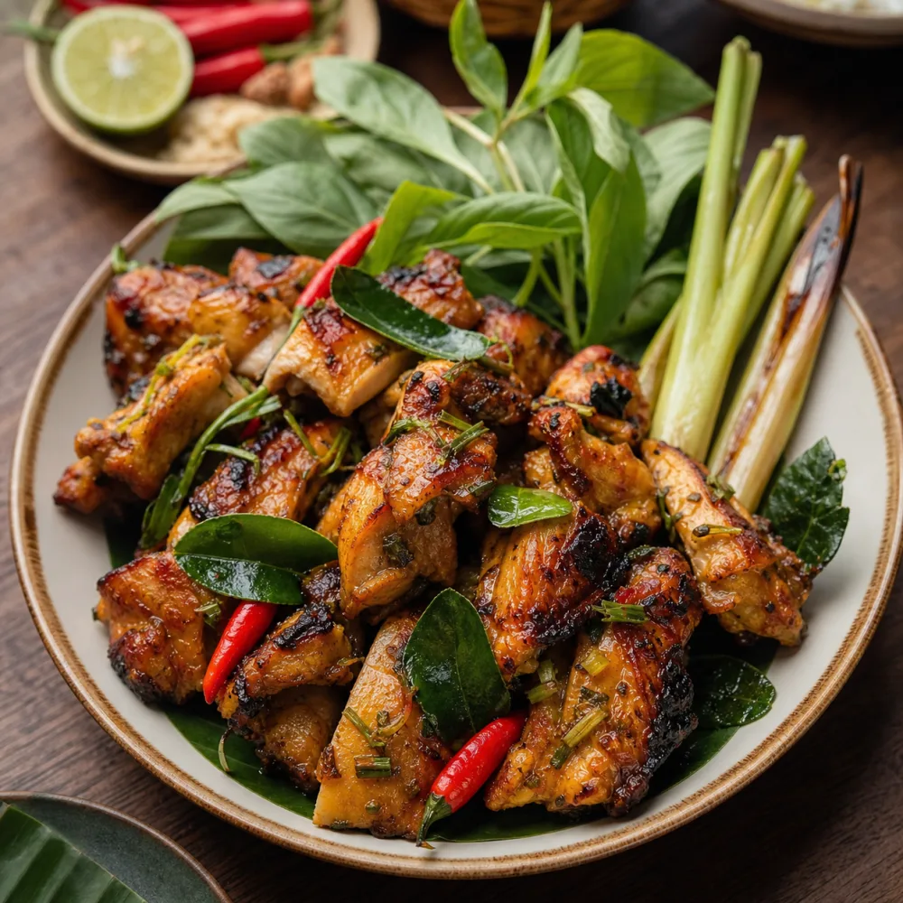 A table spread of grilled meat and herbs