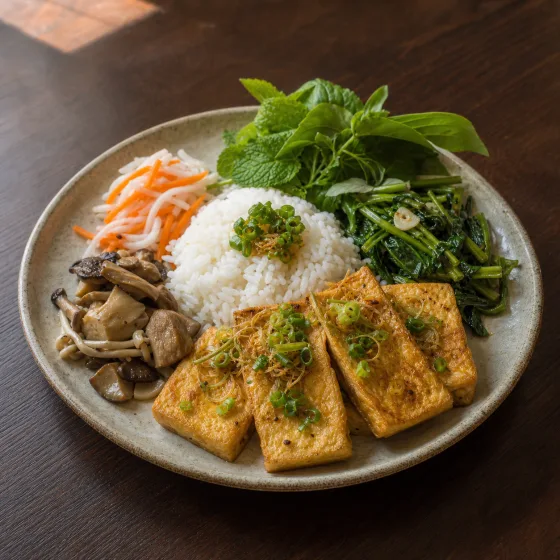 Vegetarian rice plate with tofu